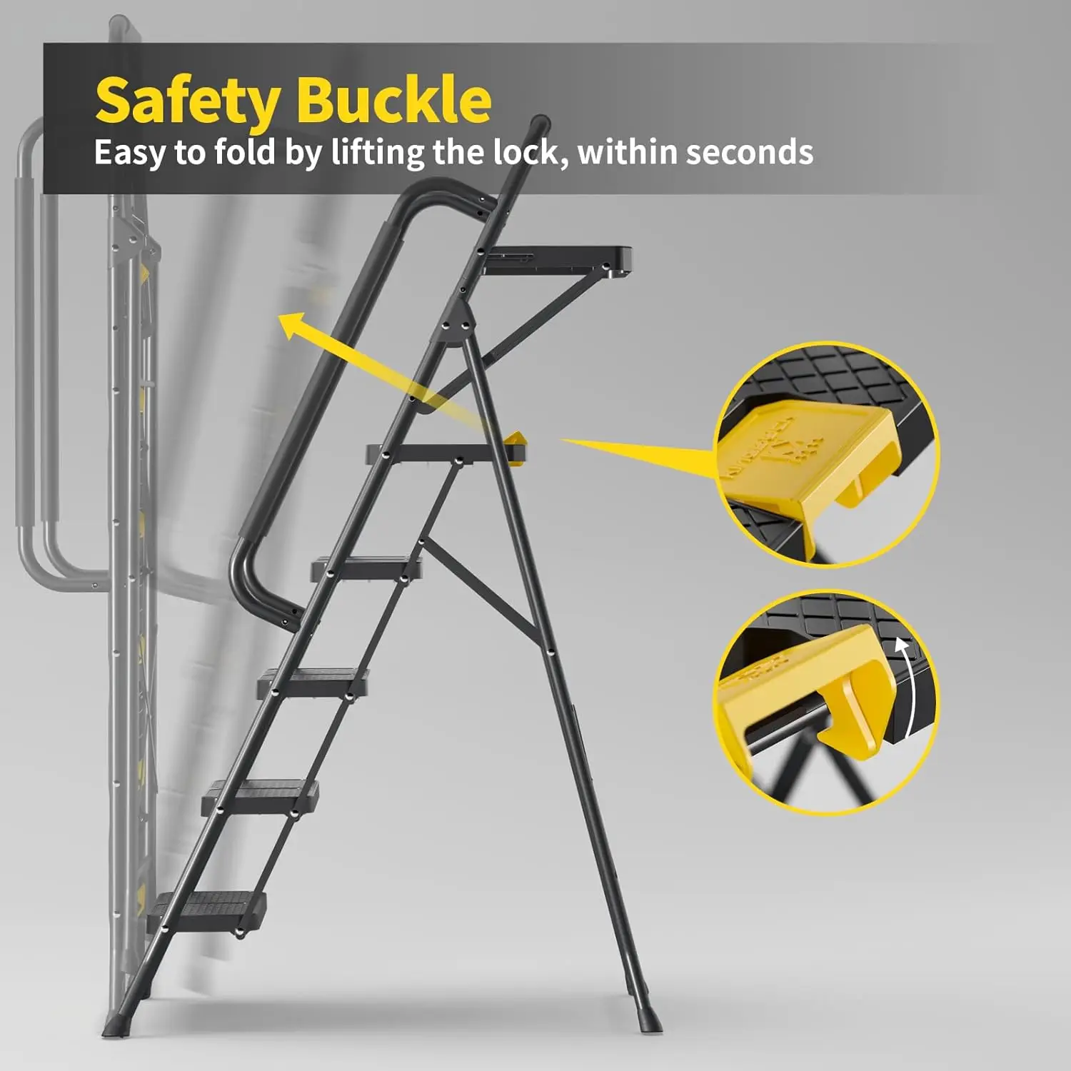 5 Step Ladder with Tool Platform, Folding Step Stool with Handrails, Sturdy Steel Ladder Wide Pedal
