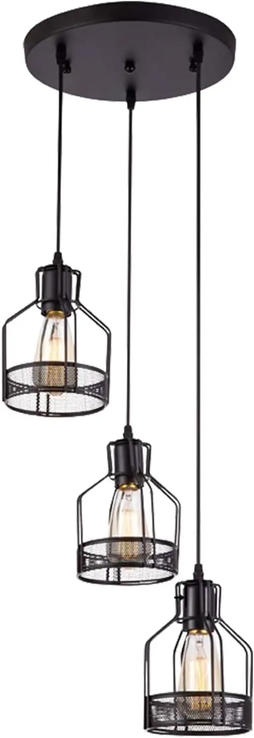 

Industrial 3 Light Cluster Pendant Light Black Metal Cage Hanging Chandelier Light Farmhouse Flush Mount Swag Lighting