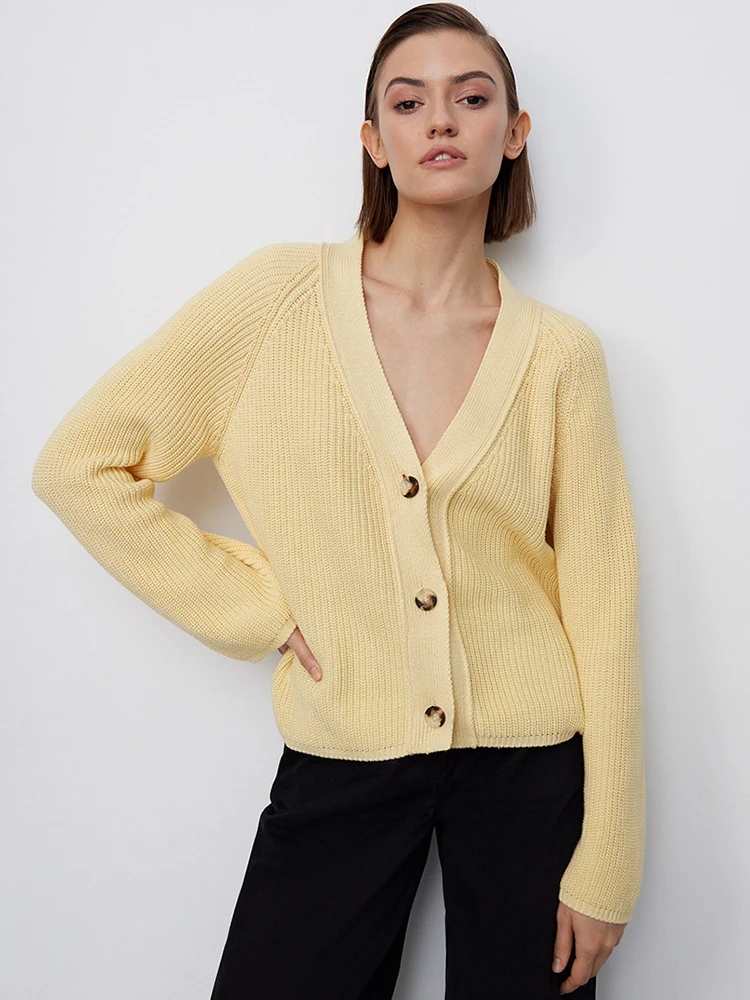

CamKemsey Elegant Low V Neck Women Autumn Winter Basic Long Sleeve Loose Single Breasted Knitted Cardigans Sweaters