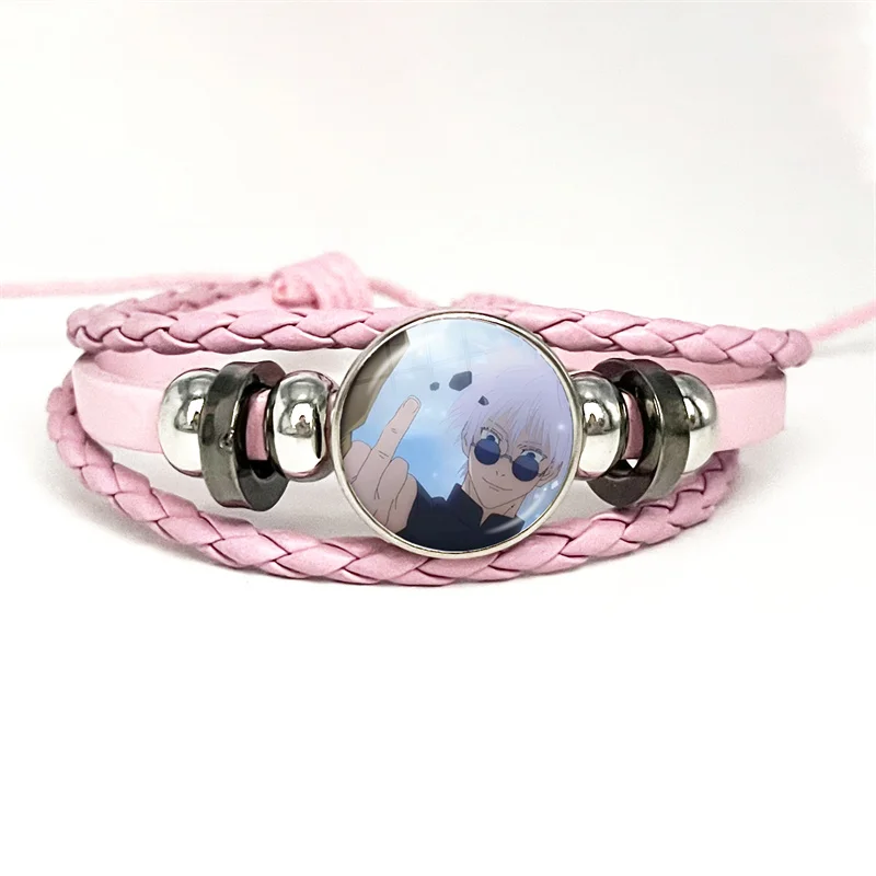 Hot Anime Jujutsu Kaisen Choso Suguru Geto Gojo Sukuna Pink Leather Bracelet Glass Cabochon Button Multilayer Bangles Wristband 6