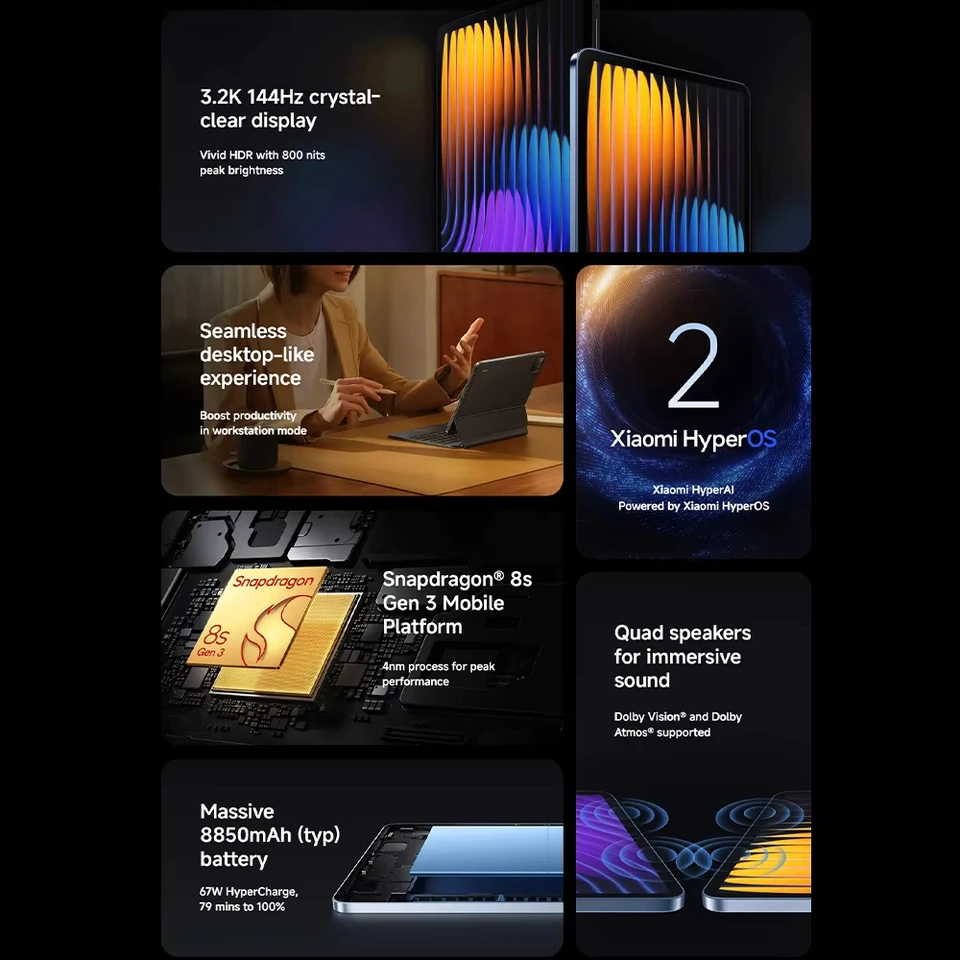 Tablette Xiaomi Pad 7 Pro - 11.2", 12 Go RAM + 512 Go, écran 3.2K 144 Hz, Snapdragon 8S Gen 3, Batterie 8850 MAh, Charge 67W, Idéale Pour Jeux Et Productivité