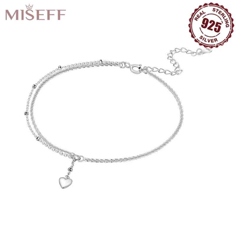 MISEFF 925 Sliver Plated Anklet Bracelets Women Girl Trendy New Waterproof Heart Charm Dainty Layer Chain Anklets Jewelry Gifts