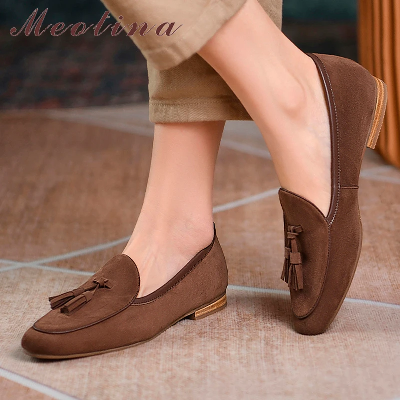 

Meotina Women Genuine Leather Loafers Round Toe Flats Fringe Kid Suede Ladies Fashion Casual Shoes Spring Autumn Brown khaki 40