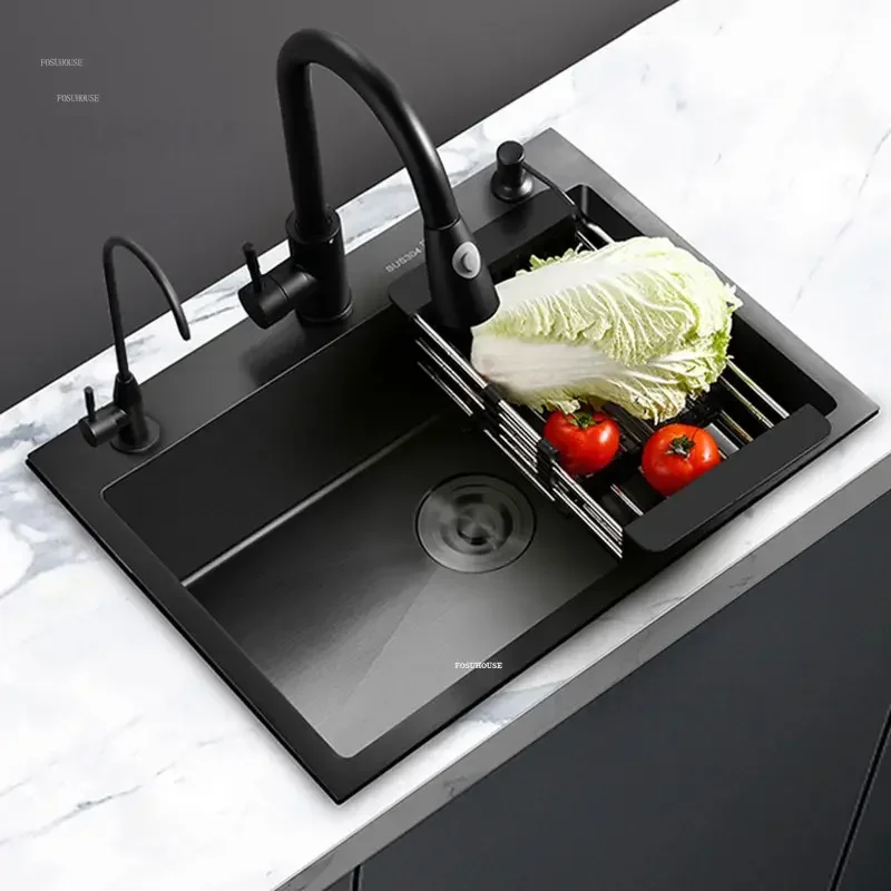 Stainless Steel Black Wash Basin with Knife Hold Nano Single Kitchen Sinks Thicken washing sinks Kitchen Accessories Large Sinks