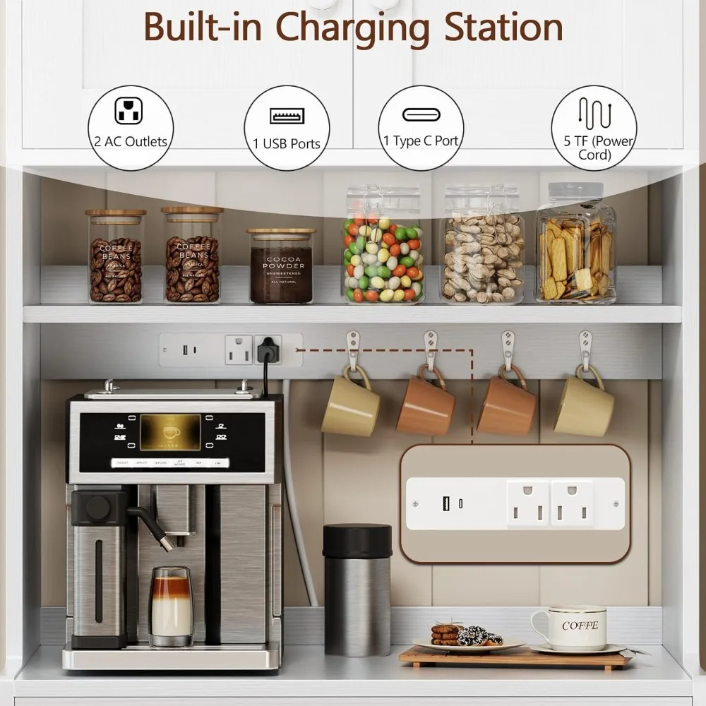 71" Tall Kitchen Pantry Cabinet with Power Outlet & LED Light, Freestanding Storage with 4 Doors, Shelves, Drawer, White