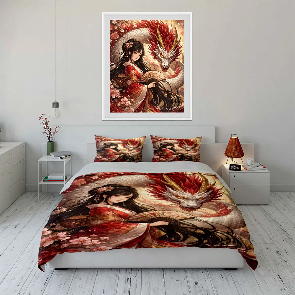 Lady in Red with White Dragon Printed Duvet Cover Set1 Duvet Cover+2 PillowcaseMulti Size Bedroom Bedding Decor Luxury gifts 4