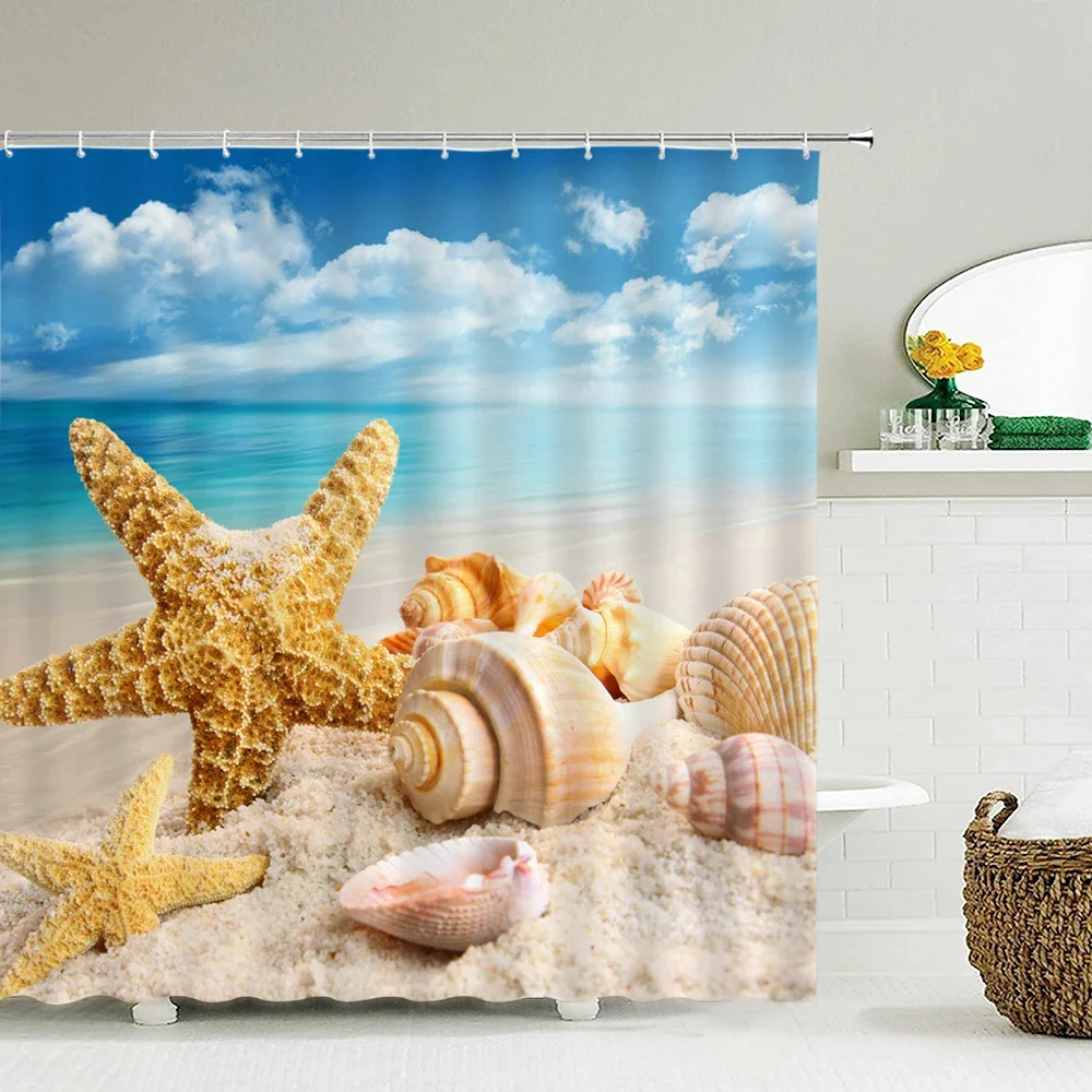 Tenda Da Doccia Ocean Beach Con Palme E Mare – 180x200 Cm, Tessuto Poliestere Impermeabile, Con 12 Ganci Inclusi – Per Bagno, Camper O Come Fondale