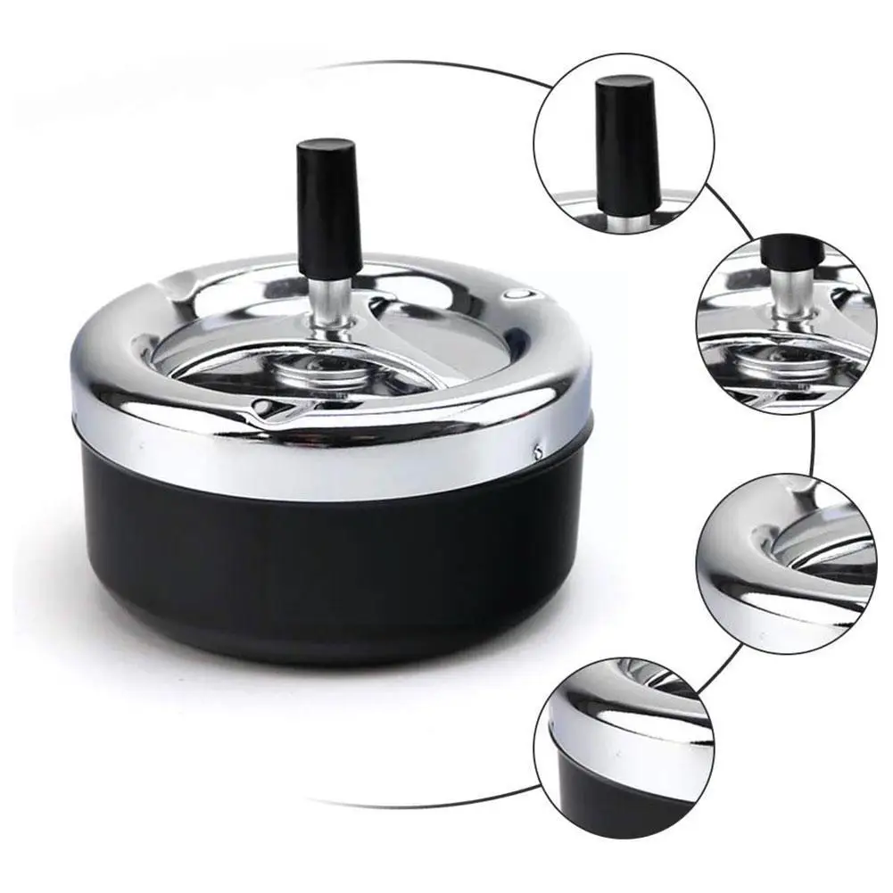 Metal Round Cigarette Ashtray Push Down Rotating Smoking Outdoor Cleaning Automatic Tray With Portable Accessories