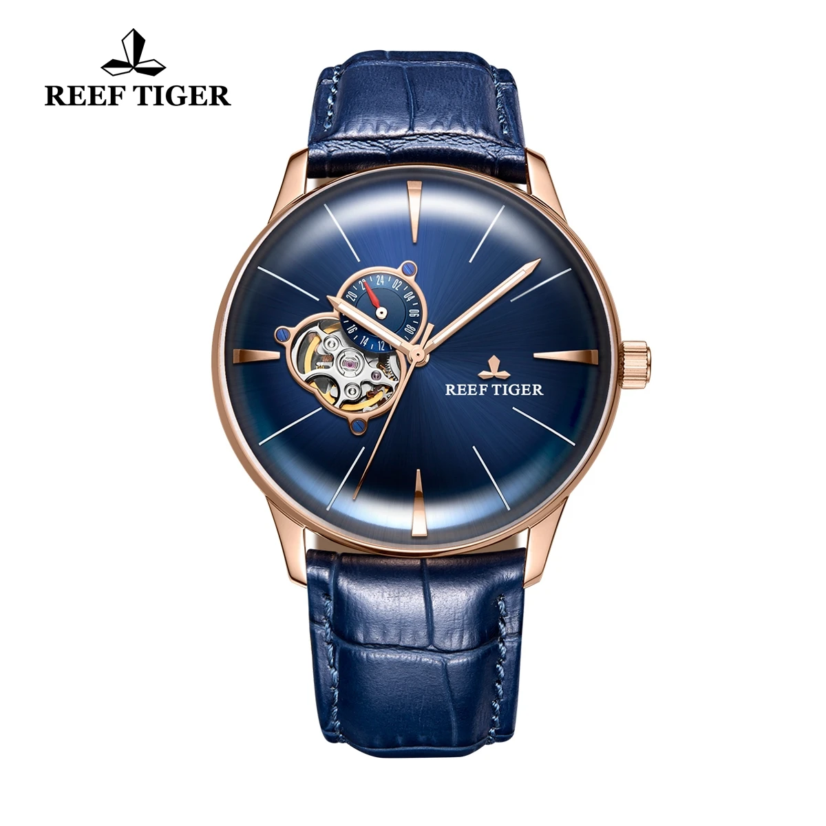 New Reef Tiger/RT Designer Casual Rose Gold Blue Dial Watches Convex Lens Automatic Watches for Men RGA8239 