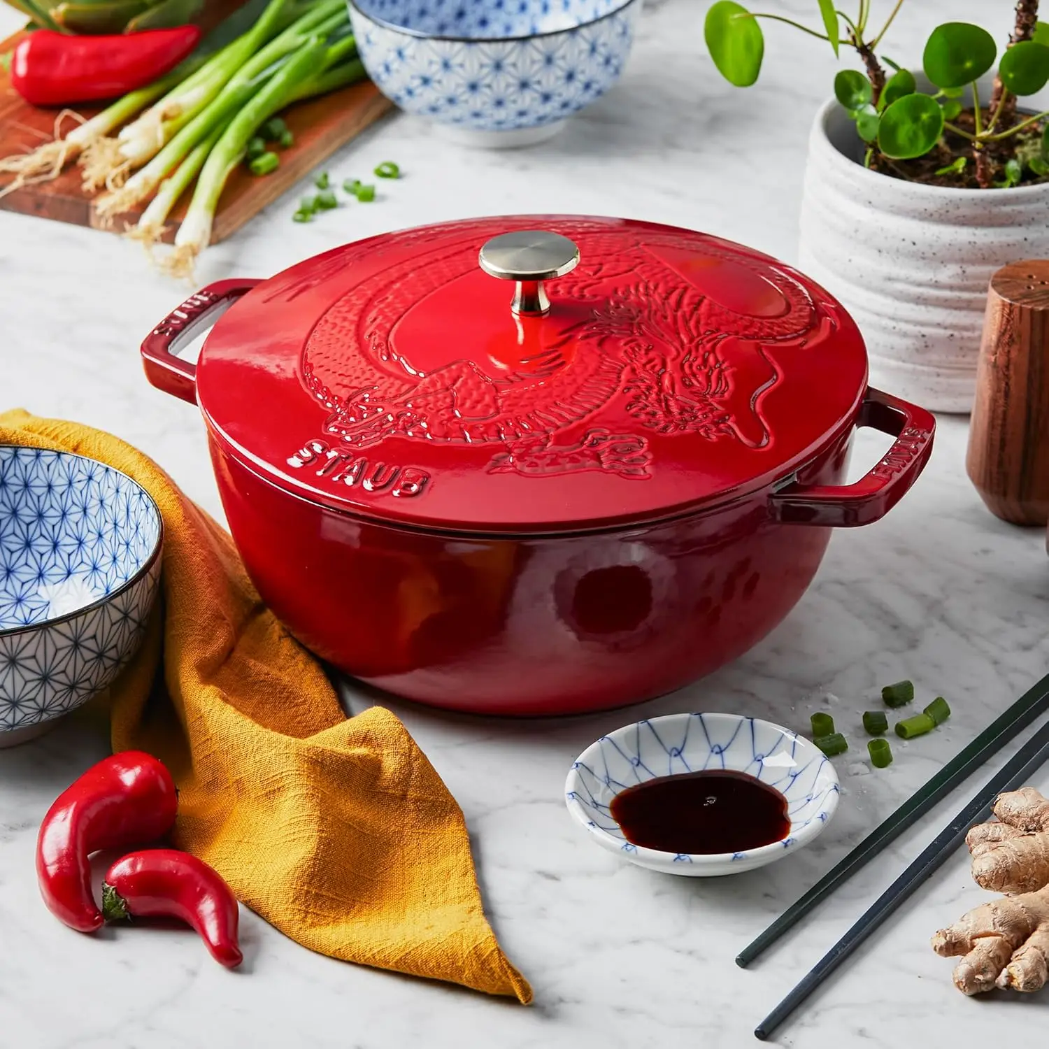 Specialty Shaped Dutch Cast Iron 3.75-qt Essential French Oven Dragon Lid-Cherry 2