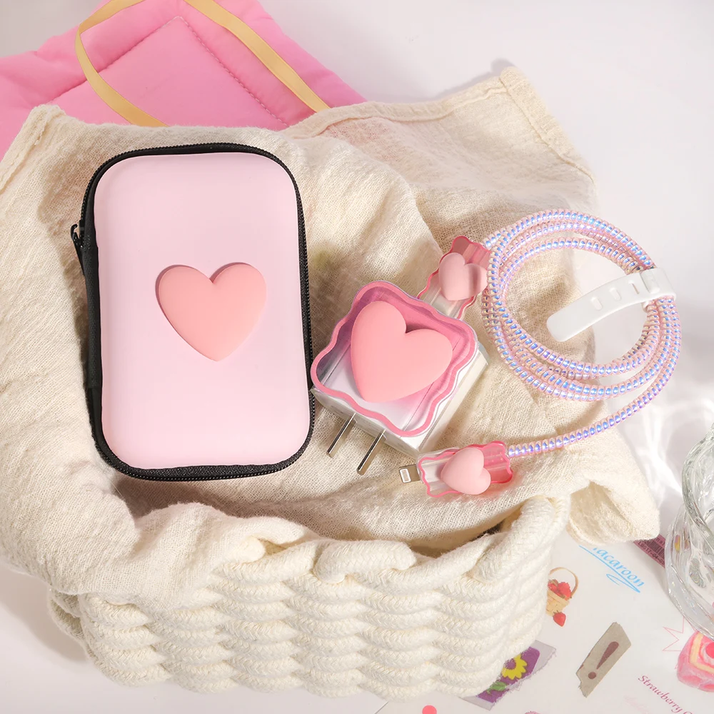 6PCS 3D love heart silicone charger cable protector case storage bag for iPhone