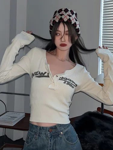 Tonngirls-레트로 그래피티 프린트 신축성 티셔츠 여성용, 섹시 슬림 크롭탑, 립드 긴 소매 라운드넥 상의, 그런지 티 탑스, 한국어 3