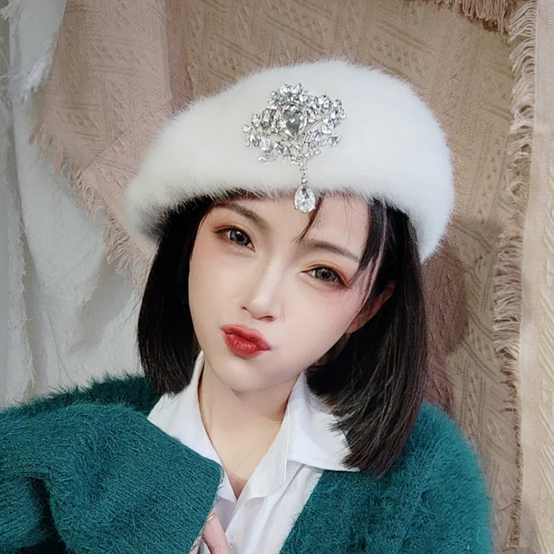 

Luxury Diamonds Cap Autumn And Winter Korean Version Rabbit Hair Beret Women British Retro Trend Reverse Wearing Cap Painter Hat