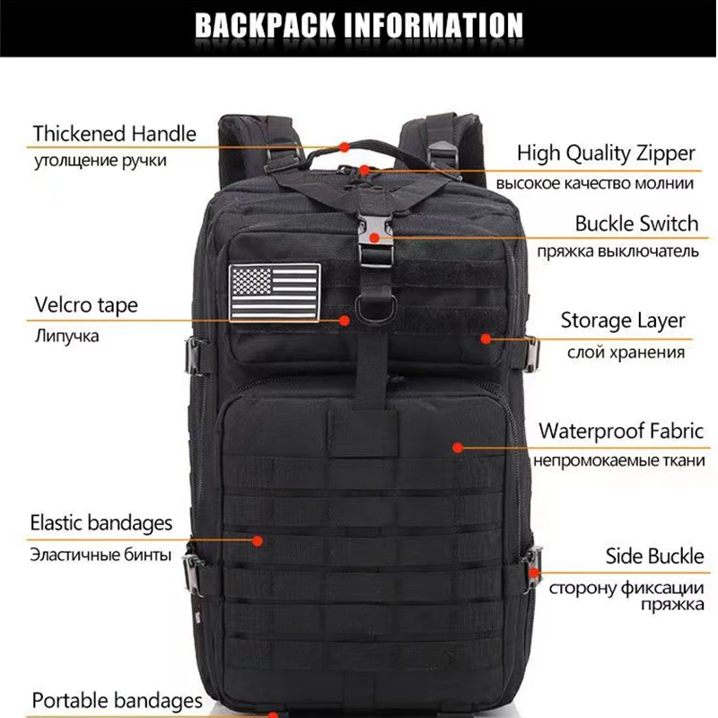 Tactical Backpack Military Pack MOLLE Webbing Nylon Waterproof Hunting Bag Outdoor Mountaineering Camping and Hiking