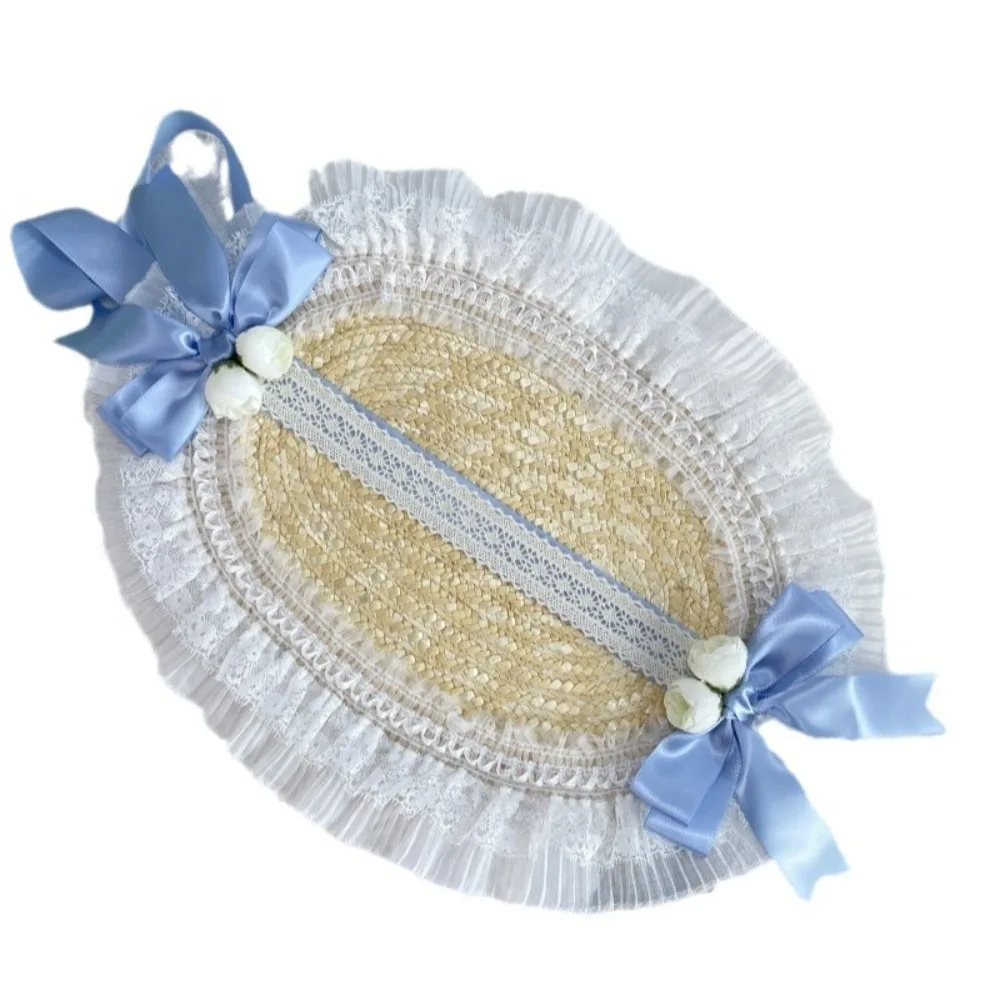 Neuer französischer ländlicher Stil, Lolita-Strohhut, Band, Schleife mit Riemen, Band, Blume, Strandhut, Haarschmuck, Rüschen, Spitze, flacher Hut – Detail 23