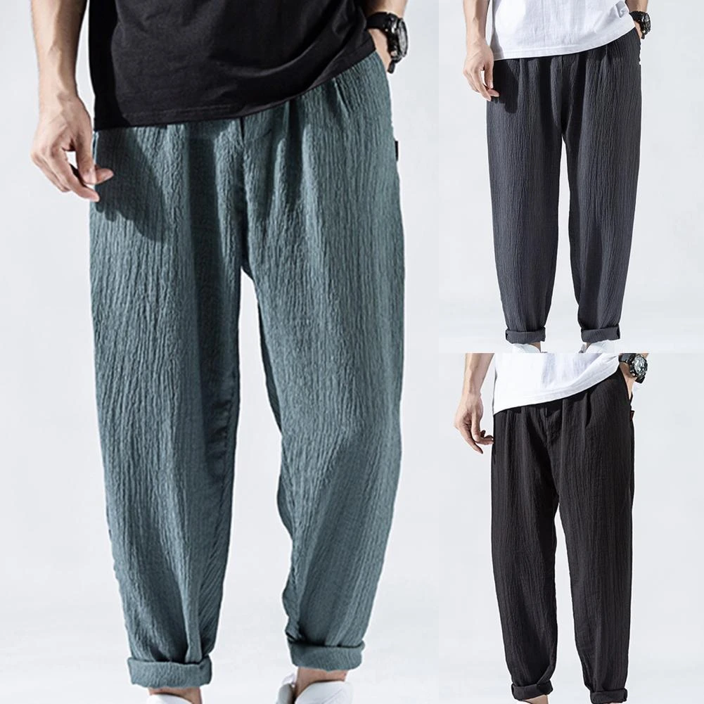 Men Super Thin Drawstring Solid Color Multi Pockets Harem Pants Trousers for Sports khaki trousers