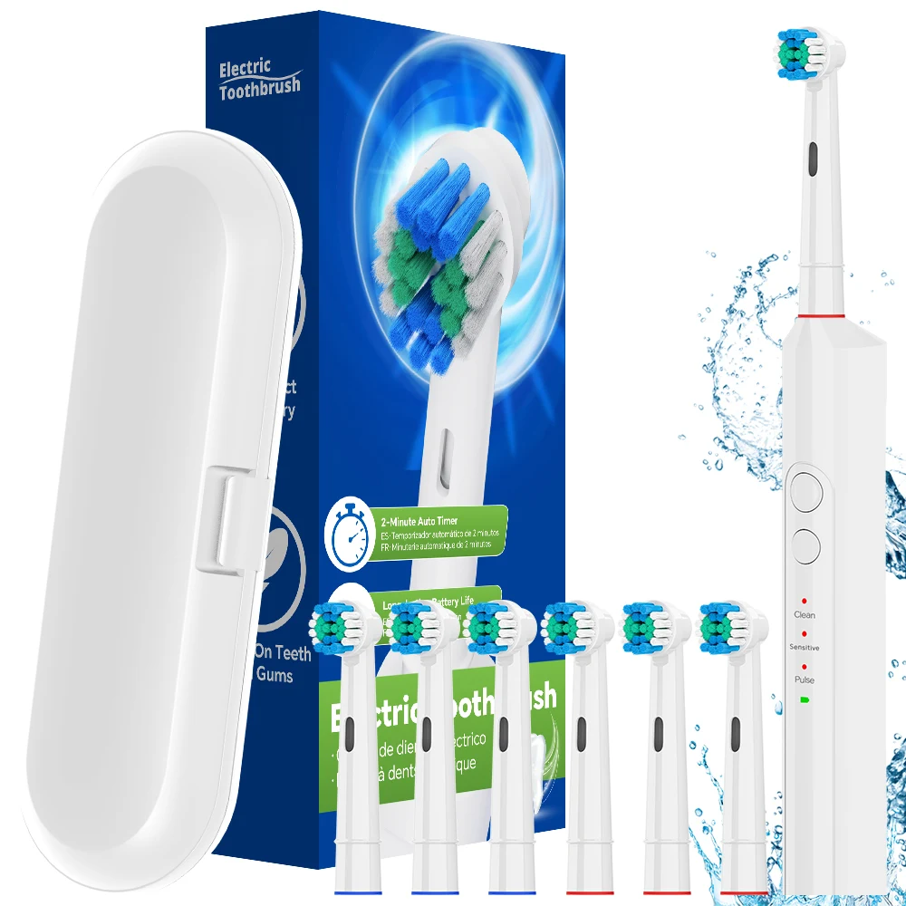 Rechargeable Electric Toothbrush for Adults with 6 Heads & Travel Case, 3 Modes & 2 Min Timer, Compatible with Oral B Brush Head