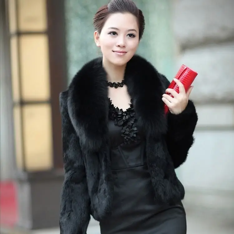 

Slim Fit Rabbit Fur Coat Women Autumn Winter Short Jackets Long V-collar Overcoat Woman Flocking Warm Thick T196