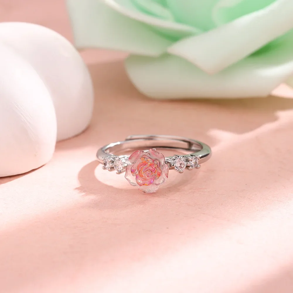 PONYKISS 925 Sterling Silver Pink Zircon Rose Flower Adjustable Rings for Women Cute Plant Fine Jewelry Minimalist Accessories