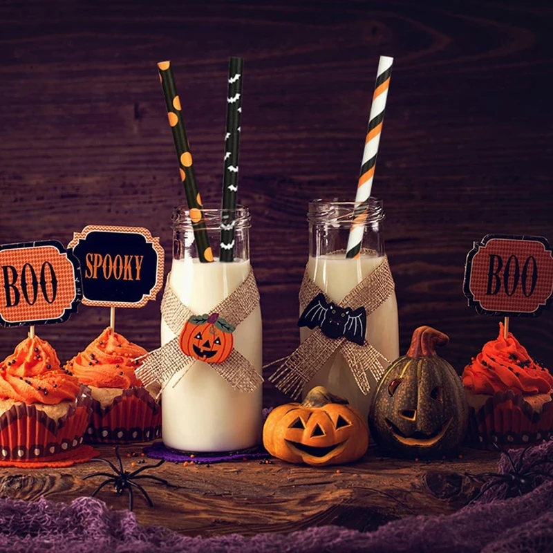 25/50pcs Halloween Paper Straws Pumpkin Bat Spider Ghost Pattern Drinking Straw Halloween Party Home Bar Decoration Supplies