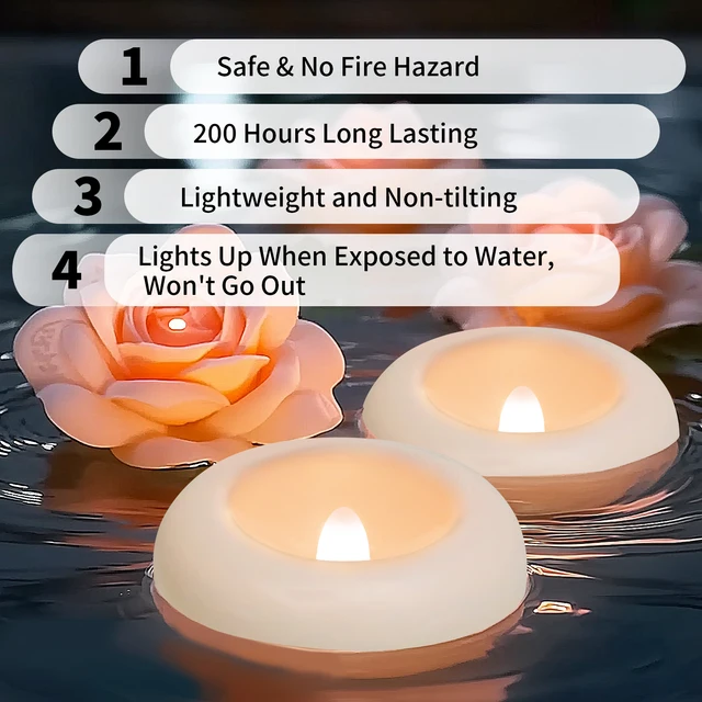 Paquet de 12/24 bougies chauffe-plat flottantes sans flamme étanches bougies LED vacillantes électriques pour fête de mariage piscine et SPA décor à la maison 5