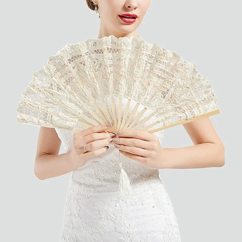 14 Color Embroidery Chinese Dance Hand Fan Party Wedding Prom Bamboo Hand Folding Lace Fabric Retro Craft Gift Fan Home Decor Folding Fan Hand Fan