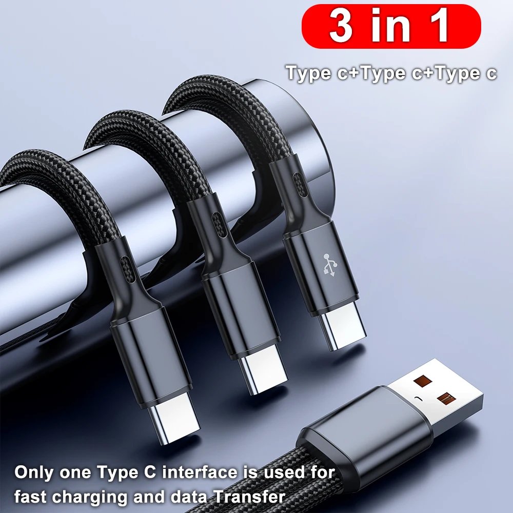100W USB Fast Charging Cable 6A 3 in 1 USB Type C Data Cord For Samsung Xiaomi Huawei Vivo OPPO Redmi Quick Charge USB C Cables