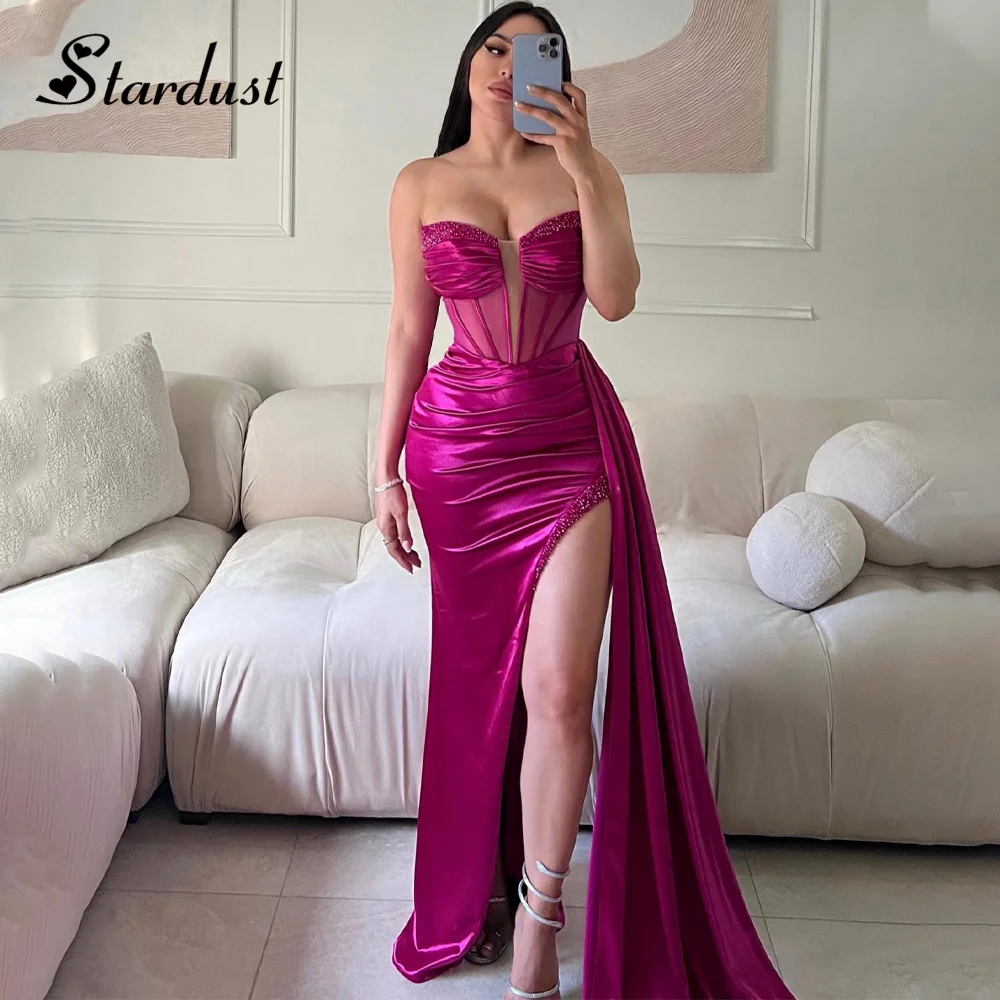 

Stardust Charming Fancy Prom Dresses Deep V-Neck Strapless Rhinestones Slit Pleat Saudi Arabric Vestido de Formatura Custom Made