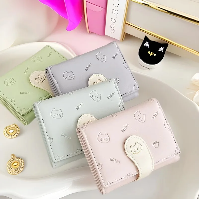 Cute Cat Print PU Leather Wallet Short Fashion Coin Purse Card Holder Buckle Clasp Money Bag Stylish Compact Coin Pouch