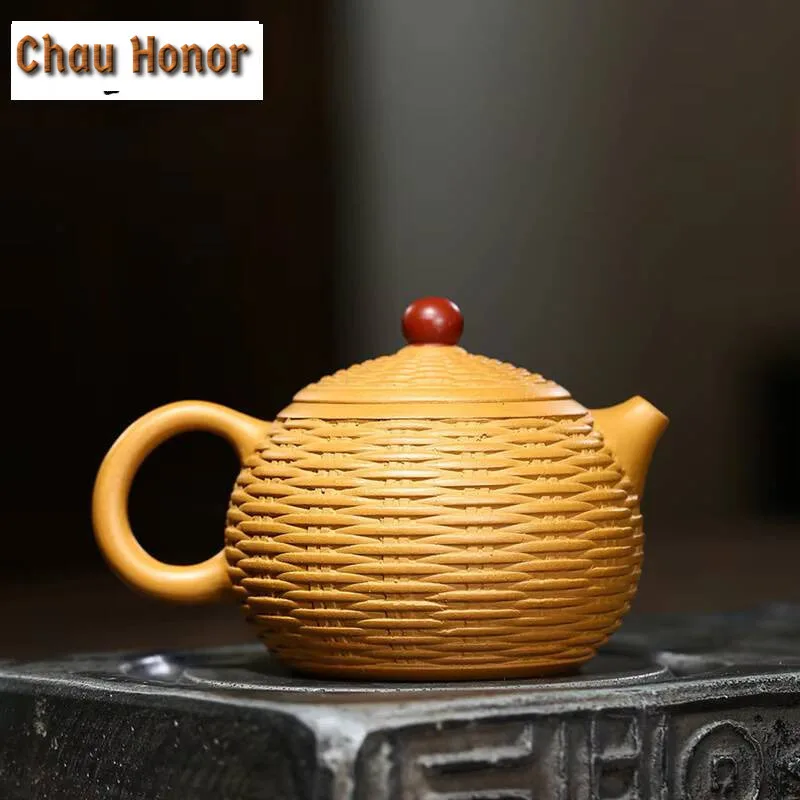 280ml Yixing Purple Clay Teapots Handmade Bamboo Braided Xishi Tea Pot Raw Ore Gold Section Mud Kettle Teaware Tea Ceremony Gift