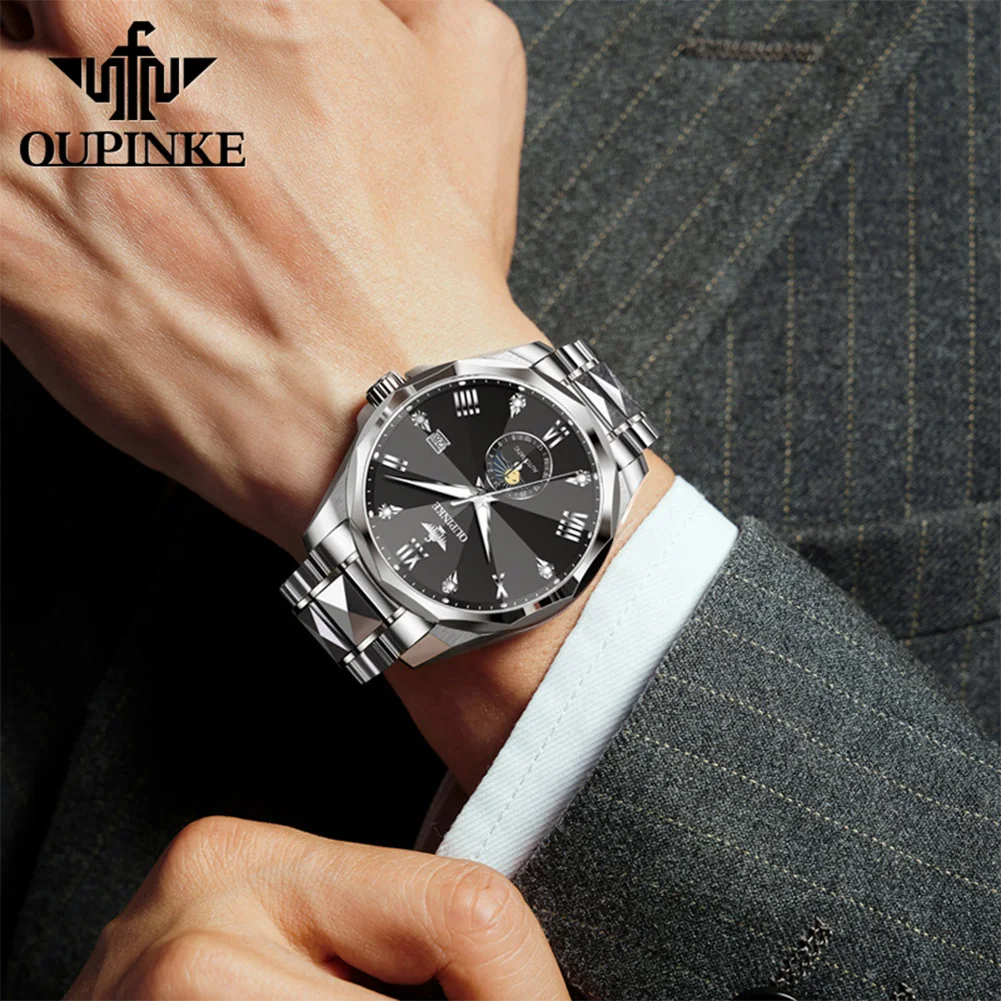 OUPINKE 3312 Automatic Men Watch Roman Scale Moon Phase Watch For Men Tungsten Steel Strap Waterproof Mechanical Male Wristwatch