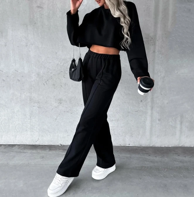 Tracksuit Women Two Piece Set Casual Sport Outfits Solid Color Loose Fit Long Sleeved Short Top Pants Set 2023 Autumn Spring 2023 summer man set smile 3d print oversized tracksuit men sportswear 2 piece set mens suit shorts and t shirt sport casual