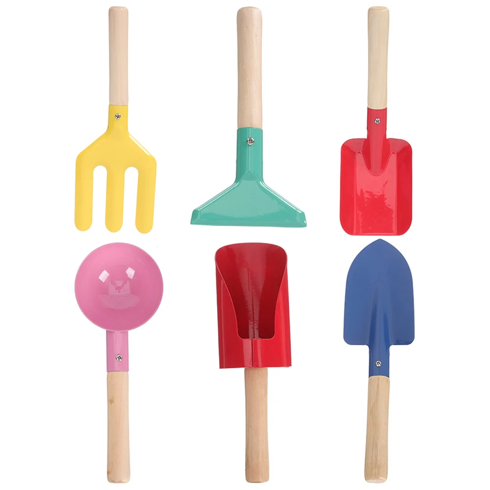 6 Pcs Toy Set Beach Child Kids Toy Metal Garden Tool Wooden Digging Shovels