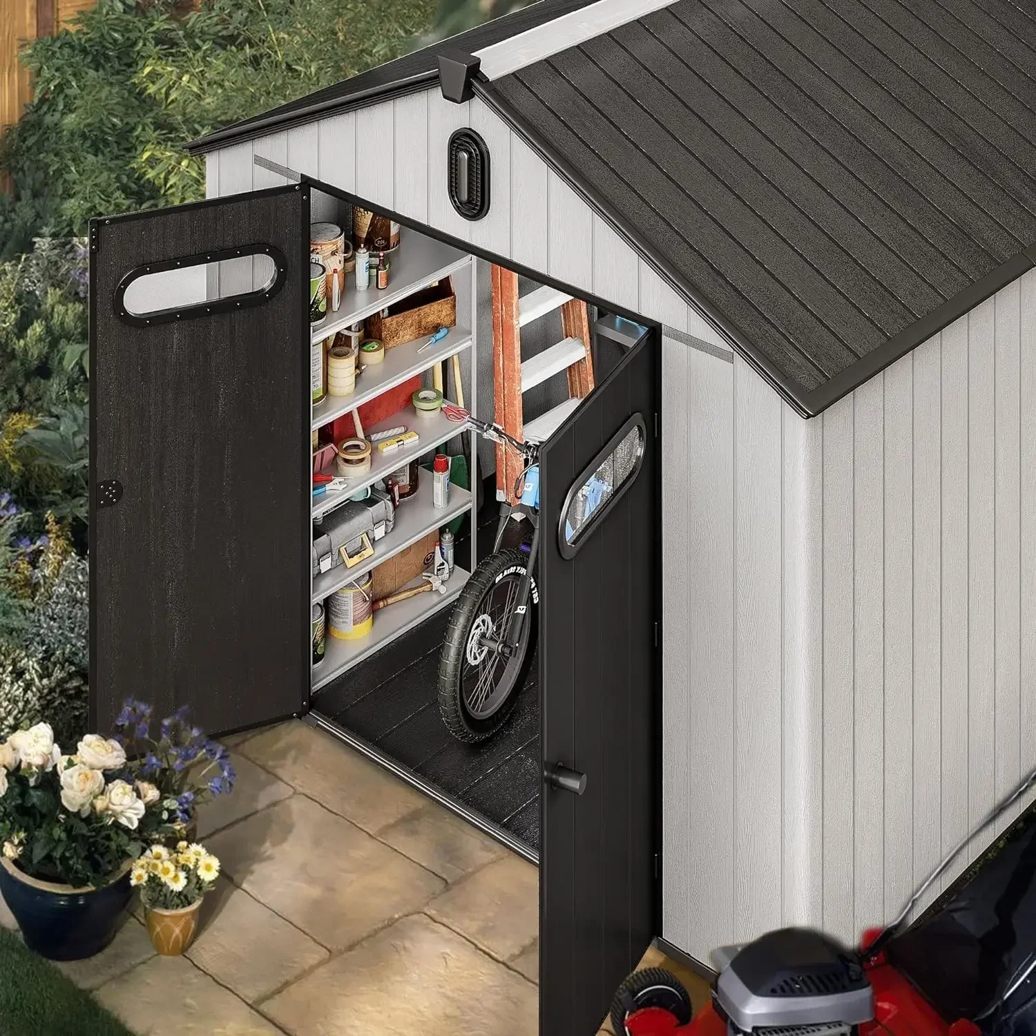 8x8ft Outdoor Resin Storage Shed with Floor, 427 cuft Waterproof Garden Shed with Lockable Door, Windows & Vents