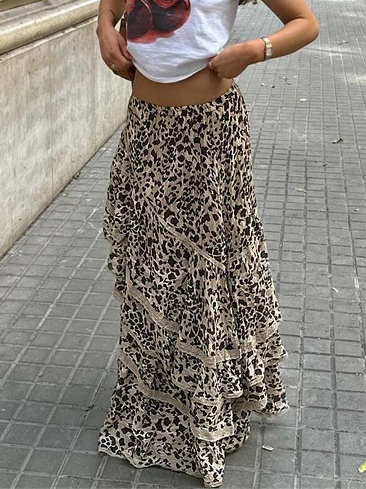 

Tossy Leopard Printed Maxi Skirt Female Ruffled Patchwork Fashion Summer 2024 High Waist Bandage Party Looks Women Long Skirt