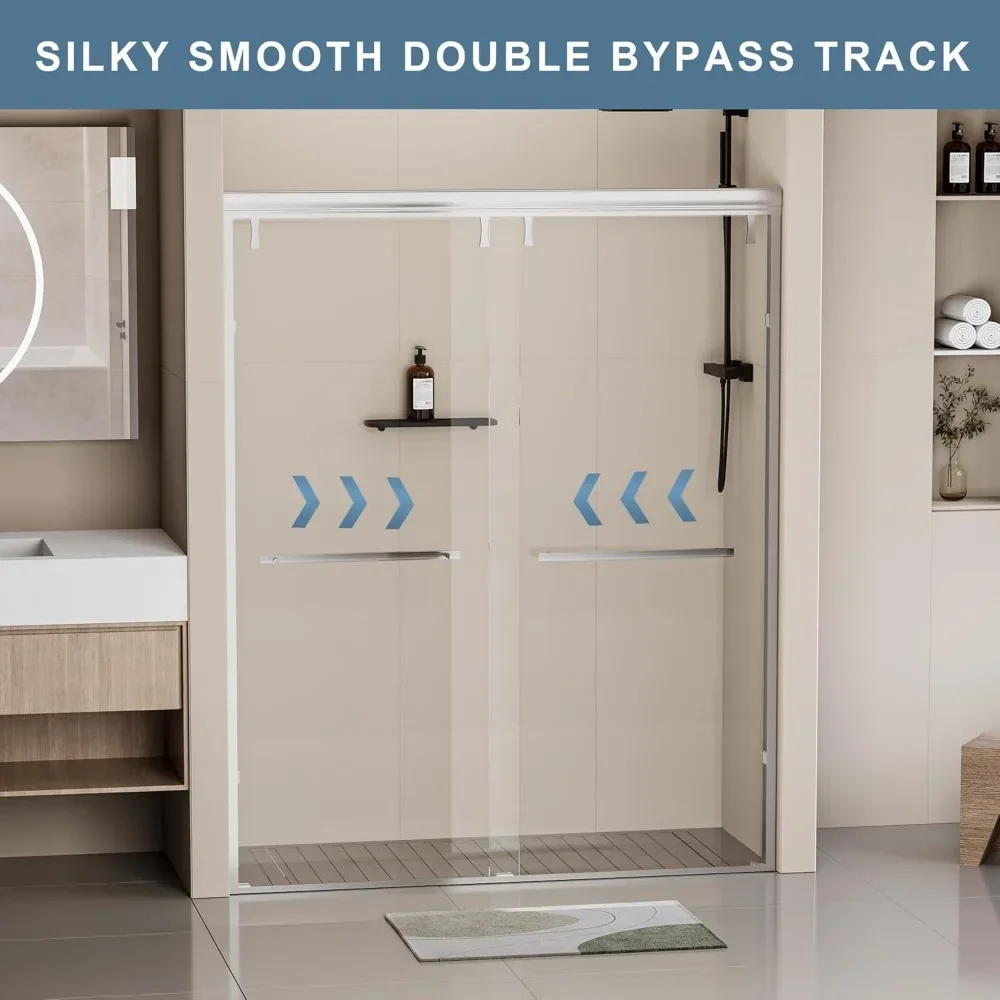 Shower Door 56-60"W Sliding Showers Doors Semi-Frameless Double Sliding with Burst Film Tempered Glass Bathroom Shower Door