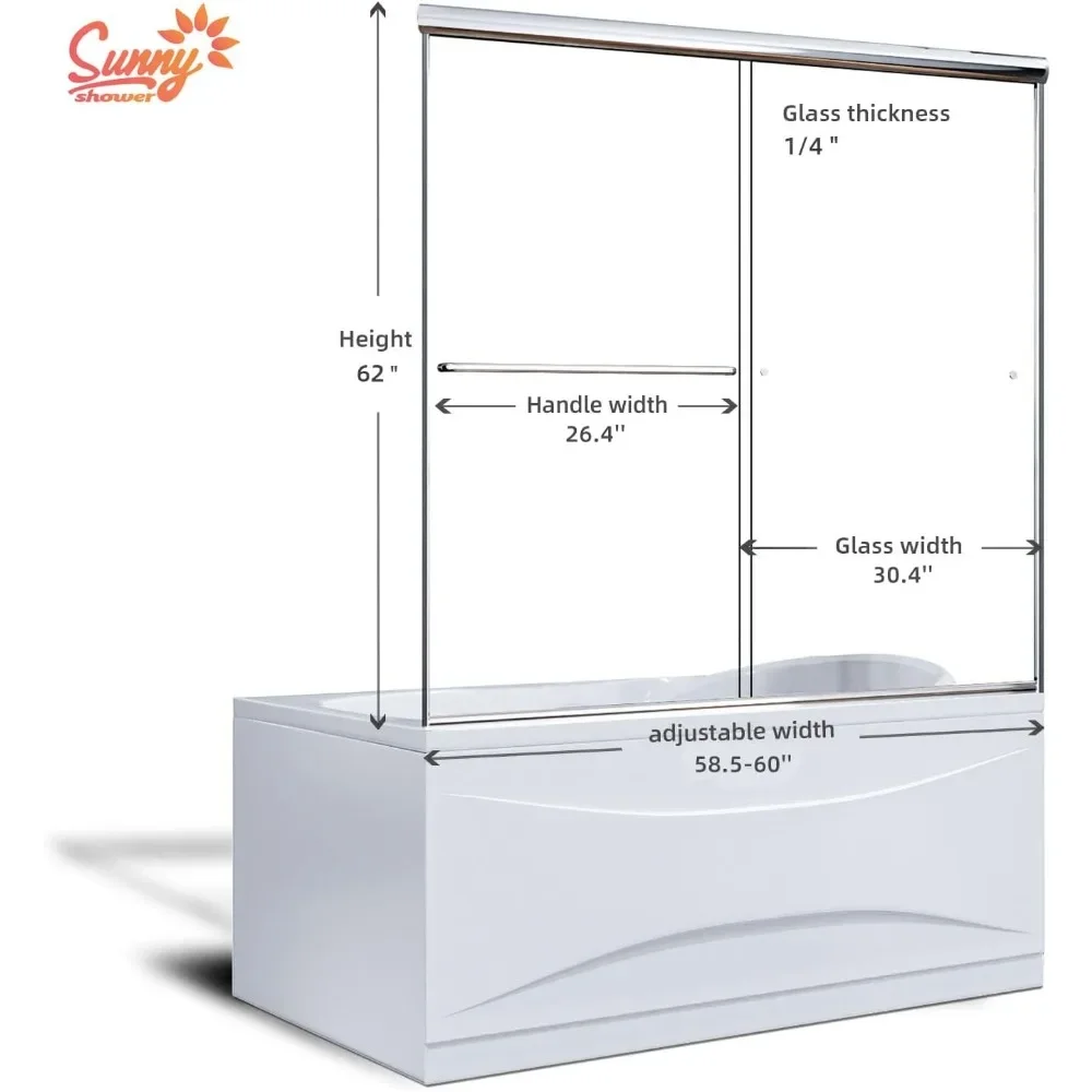 NEW-Bathtub Shower Door 60" W x 62" H Semi-Frameless Double Sliding Design Shower Tub Door 1/4" Clear Glass Panel, Chrome Finish