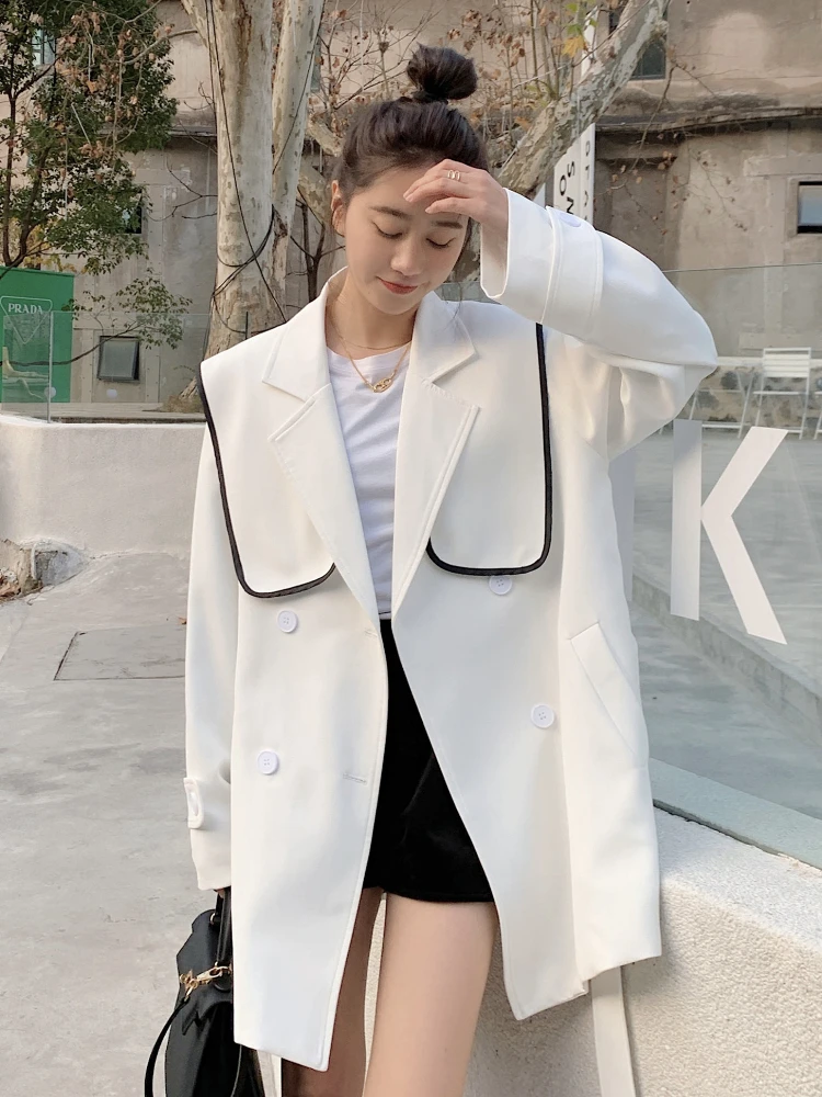 

Detachable Sailor Collar White Windbreaker Blazer Women Elegant Korean Casual Mid-long Jacket Trench Coat 2022 Spring Fall 2210