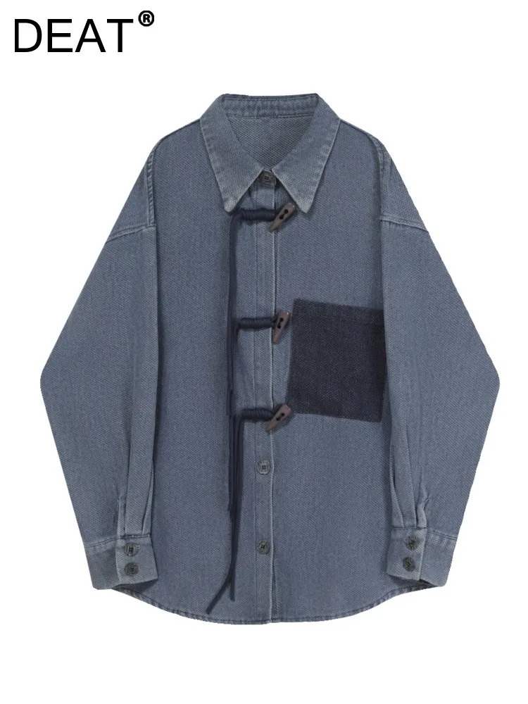 

DEAT Women's Denim Shirt Patchwork Panelled Pocket Long Sleeve Loose Horn Button Vintage Blouse 2023 Autumn New Fashion 29L5087