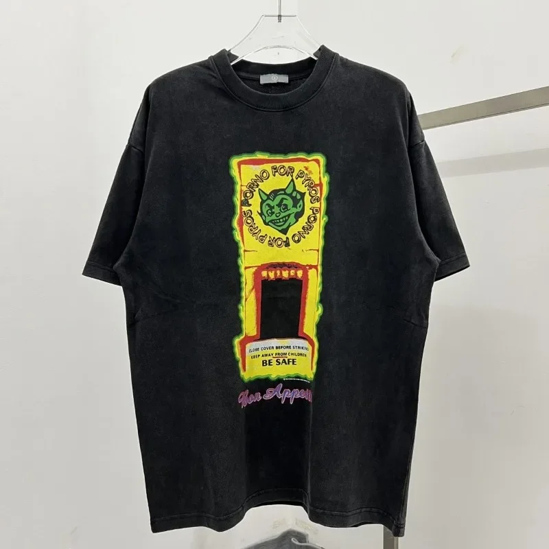 

2024FW Summer Wash Retro Little Ghost Letter Print Men's and Women's Loose Hip Hop Half Sleeve Short Sleeve T-shirt