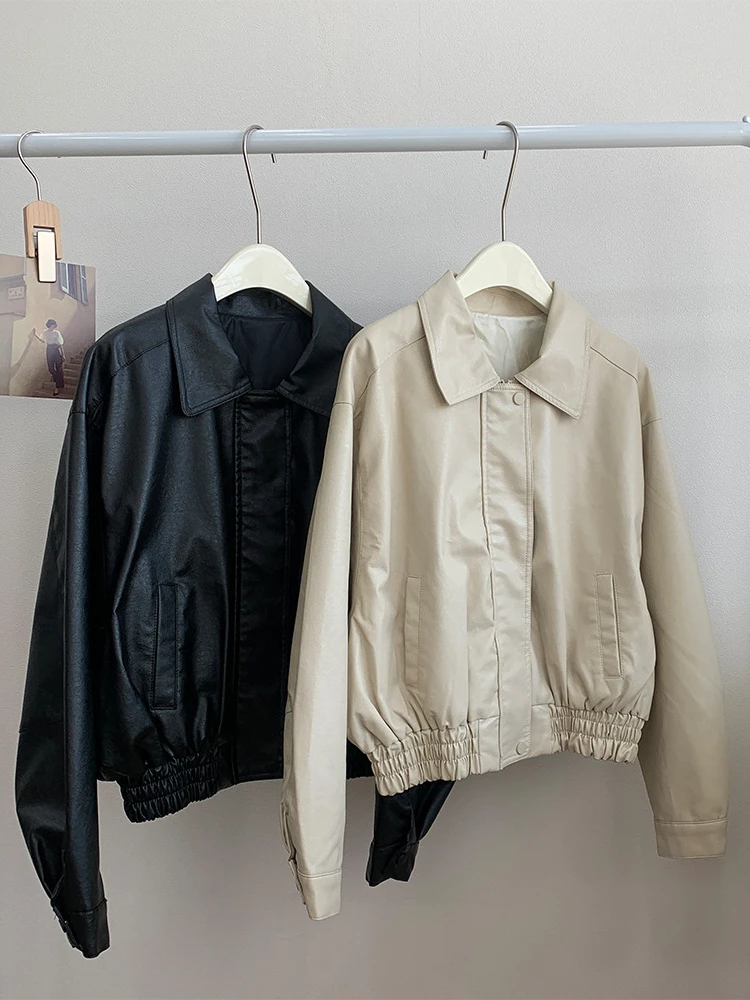 

FTLZZ New Spring Autumn Women Fashion Polo Collar Faux Leather Jacket Lady Casual Vintage Zipper Pu Coat Moto Biker Outwear