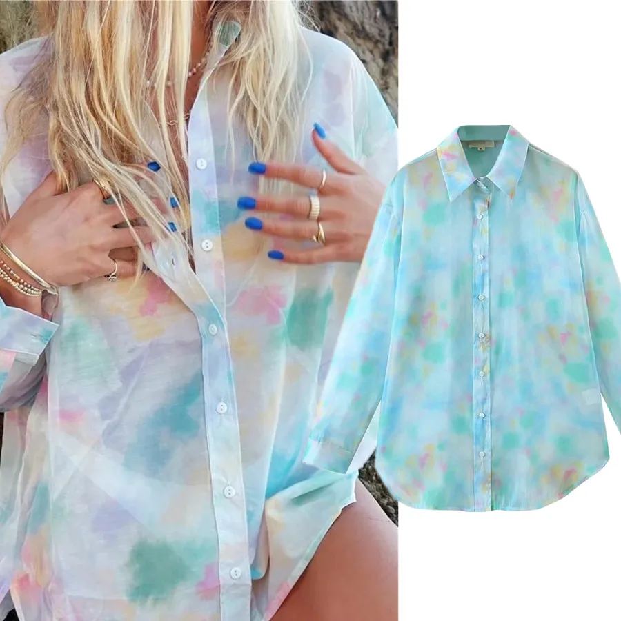 Jenny&Dave 2024 England Fashion High Street Retro Tie-Dyed Loose Casual Shirt Women Blouse Ins Blogger Blouse Women And Tops