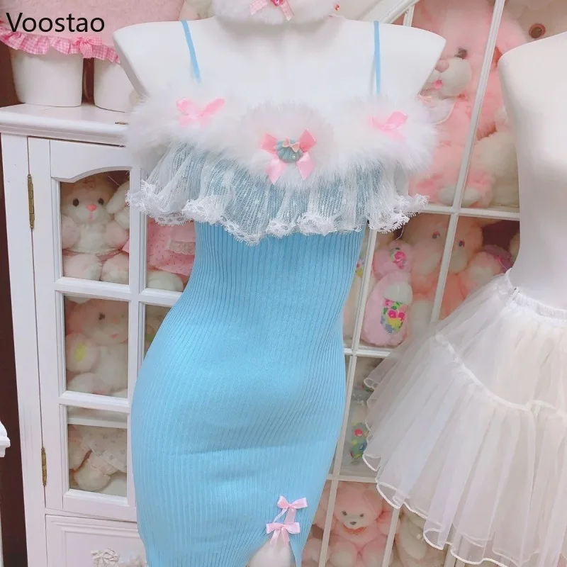 

Sweet Blue Lolita Style Dress Women Kawaii Mermaid Shell Bow Plush Patchwork Sexy Mini Dress Korean Y2k Lace Ruffles Party Dress