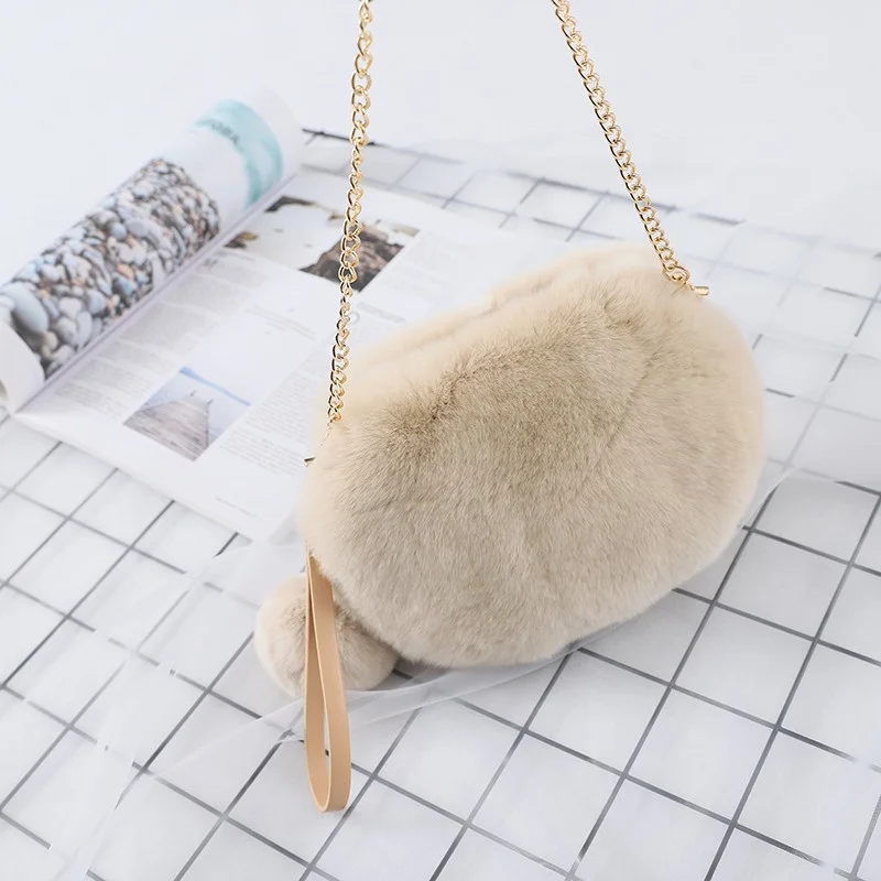 Women\'s Mini Chain Crossbody Fur Bag New Luxury Rex Rabbit Fanny Pack Soft Plush One-shoulder Small Square Bag