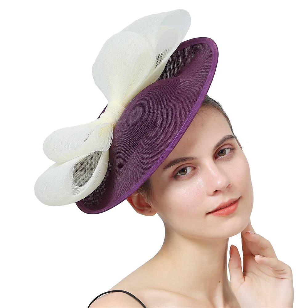 

Purple Imitation Linen Fascinator Hat Derby Millinery Cocktail Event Hair Accessories Elegant Women Bowknot Nice Flower Headband