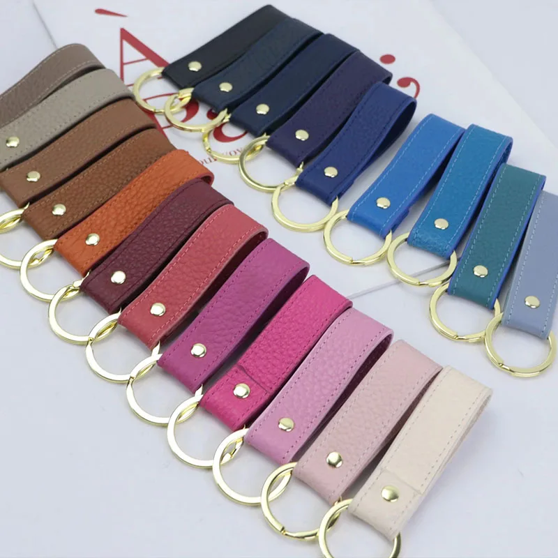 Keychain Free Personalization Custom Initial Name Pebble Grain Genuine Leather Car Keyring Dropshipping  High Quality Cowhide