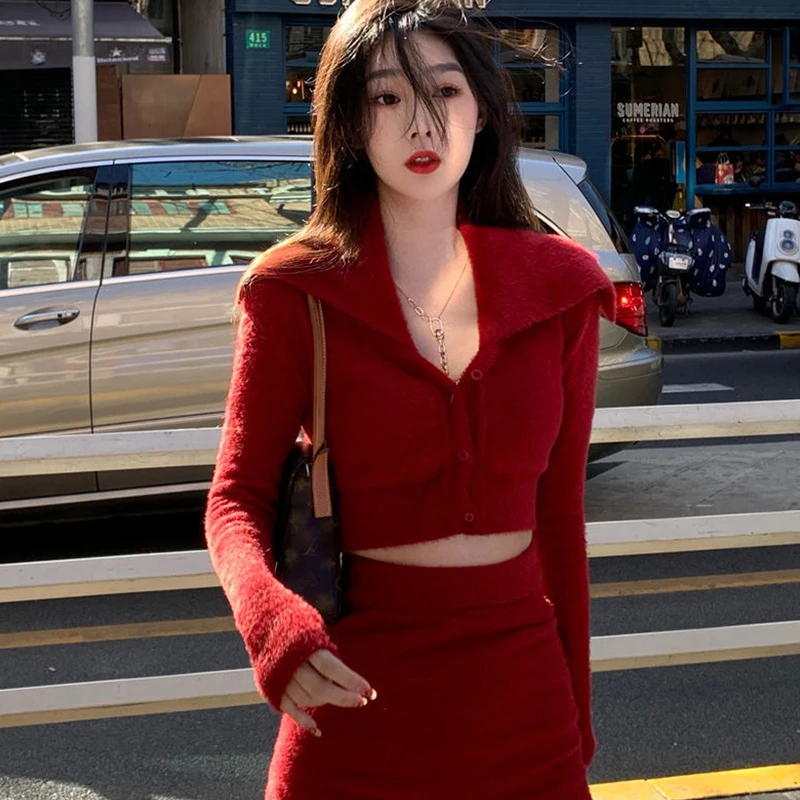 

New Year's Red Imitation Mink Cardigan Sweater Knitted Hip Skirt Pure Desire Style Spring And Autumn Suit Women