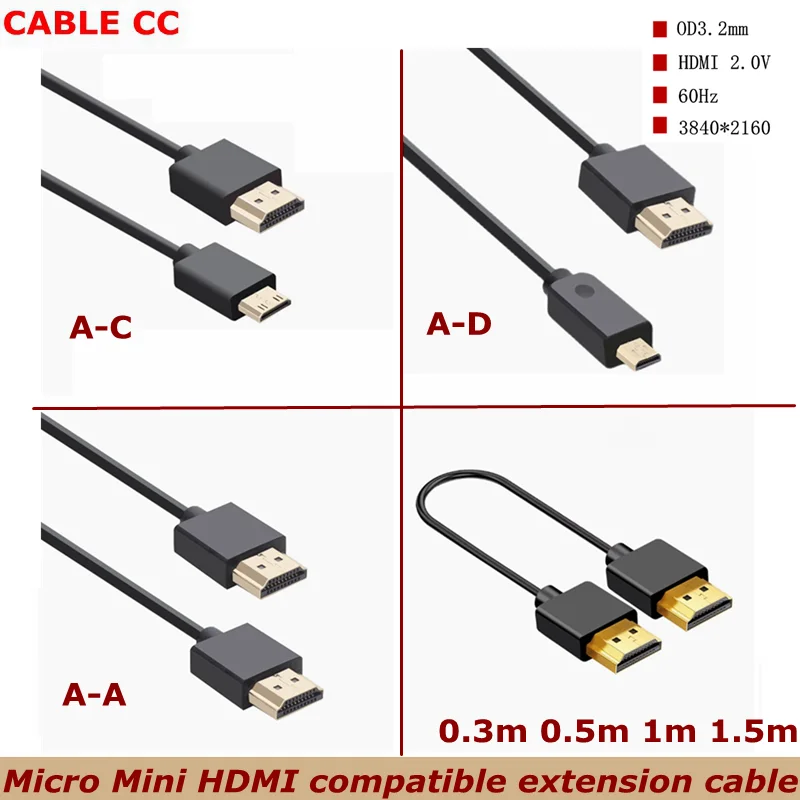 HD2.0 19+1Core 4K@60Hz 18Gbps Mini-HD/Micro-HD Male to Male Ultra-Thin High Speed Cable For Camera Tablet Laptop PC Monitor HDTV