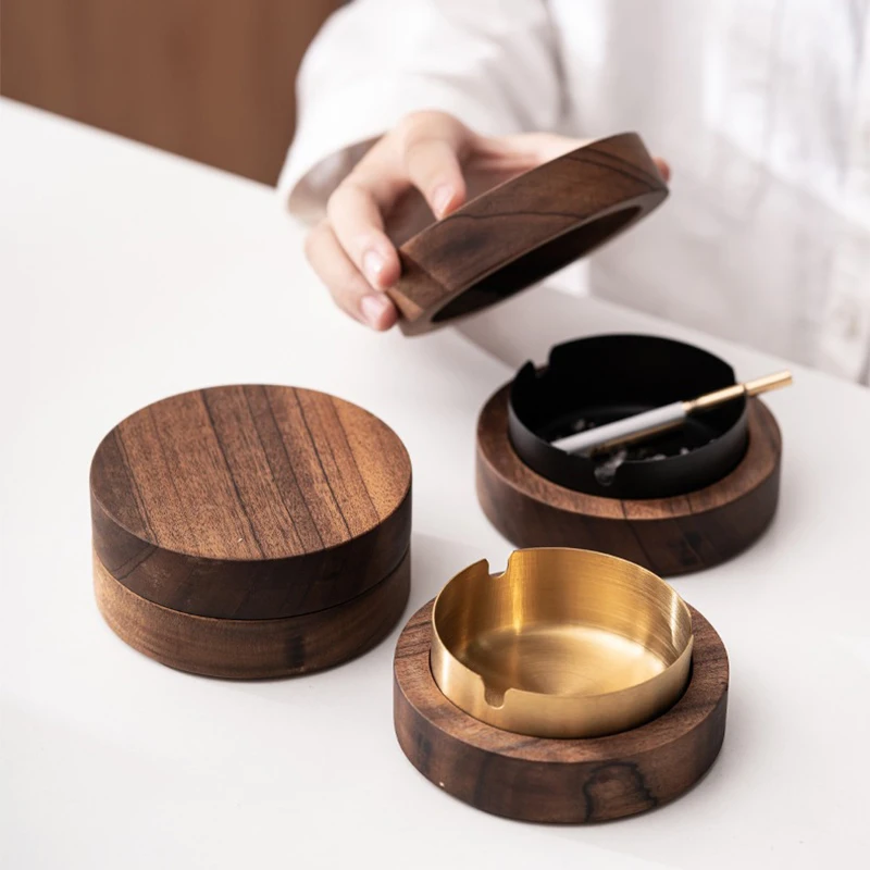 Walnut Wood Desktop Ashtray With Lid Stainless Steel Windproof AshTray for Office Home Decoration Smokeless Smoking Accessories