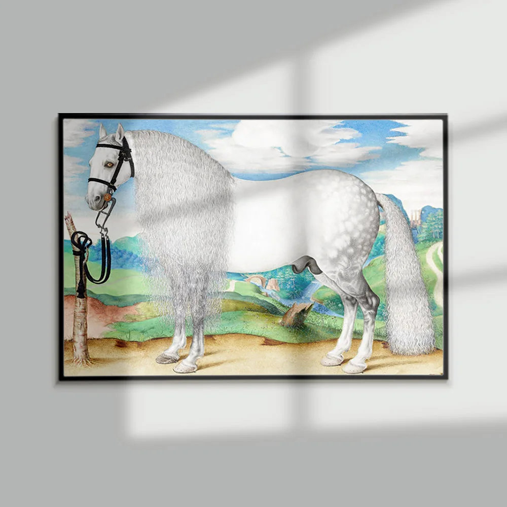 

Prague School Print Art Poster Dappled Gray Stallion Tethered In Landscape Canvas Painting Decor Wall Picture
